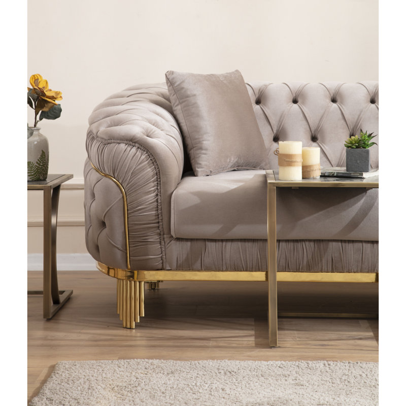 Ensemble de canapé moderne 2 pièces comprenant un canapé et une causeuse en bois avec une surface capitonnée de couleur taupe