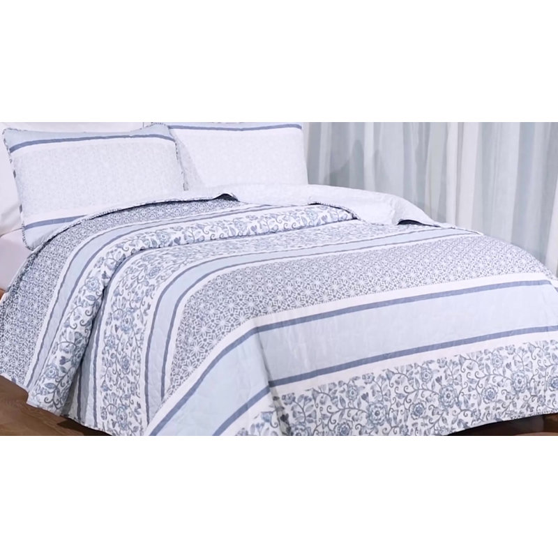 Blue Cotton Reversible Full/Queen Quilt Set with Shams