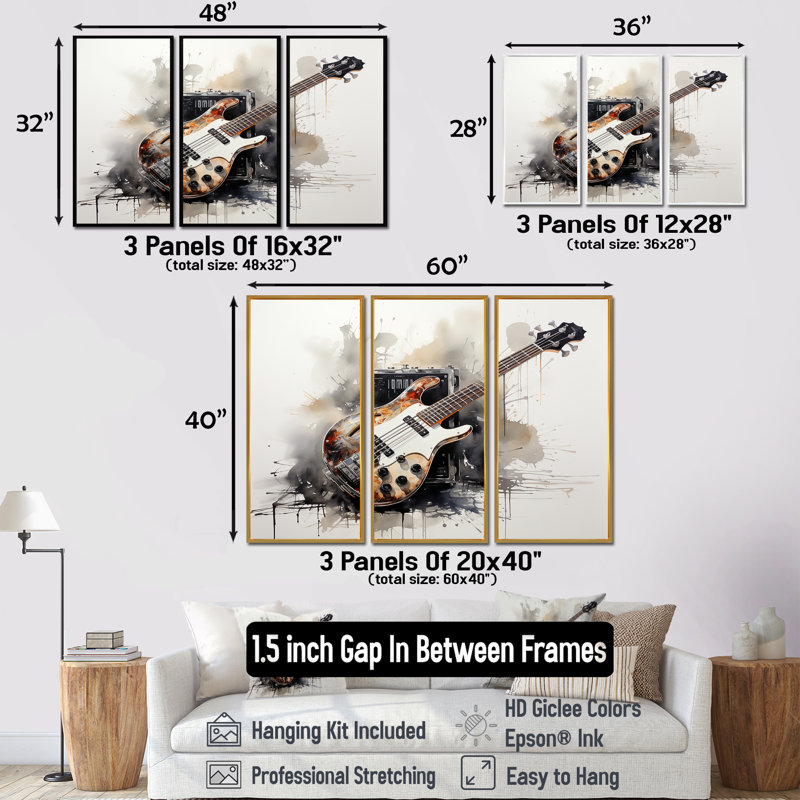«Brown Charcoal Guitare Vibations IV», art mural musique, H 28 po x l 36 po, Cadre naturel flottant