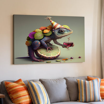 Colorful Lizard With Party Hat Holding Glass On Citrus Slice Art Decor Canvas Wall Art Print For Living Room, Bedroom, Office, Hallway, Entryway, Gallery Wall And Modern Home Decor