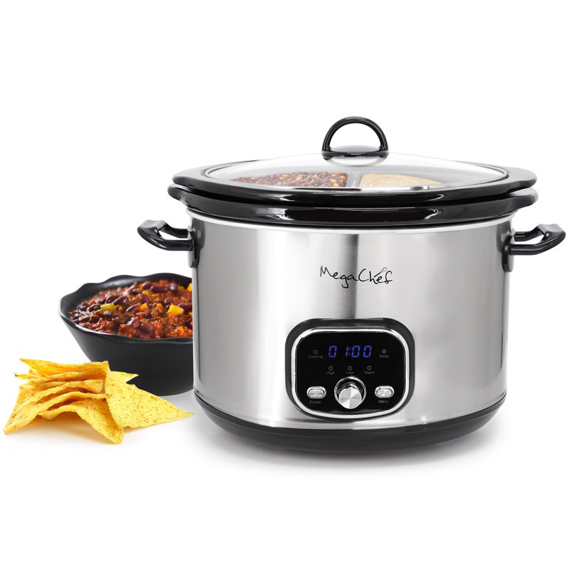 MegaChef 5.6Liter + 2.5 Liter Split Stainless Steel Electric Slow Cooker in SIlver
