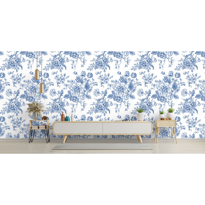 Flowers Pattern Wall Mural Blue Floral Wallpaper, 27.96" L x 39" W