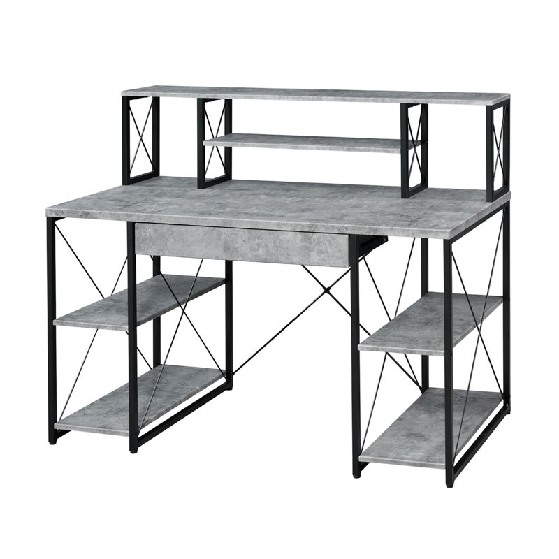 Bureau d'écriture avec un tiroir et 8 compartiments ouverts, Gris