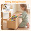Coffre à jouets en bois avec roulettes, 2 tiroirs en tissu, 2 étagères et 9 bacs, idéal pour ranger les jouets dans une chambre d'enfant, une salle de jeux ou une crèche. Couleur naturelle.