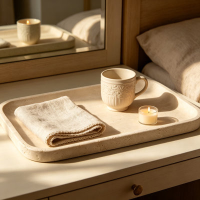 Plateau en travertin Romano, plateau de meuble-lavabo en pierre naturelle de 12 po x 8 po pour la commode de cuisine de salle de bain de comptoir, plateau décoratif en marbre pour les clés de bijoux de parfum, plateau de service rectangulaire beige