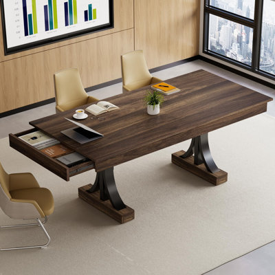 Modern 71-Inch Dining Table for 6-8, Large Rectangular Kitchen Table with 2 Storage Drawers, Sturdy Double C-Shaped Metal Base, 6ft Wood Table