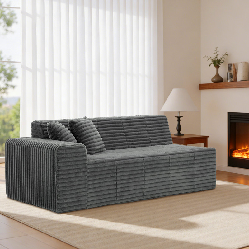 Upholstered Gray Faux Rabbit Fur Flannel Sofa With Pillows – All Foam Compressed And No-Assembly Modular Design, Gray