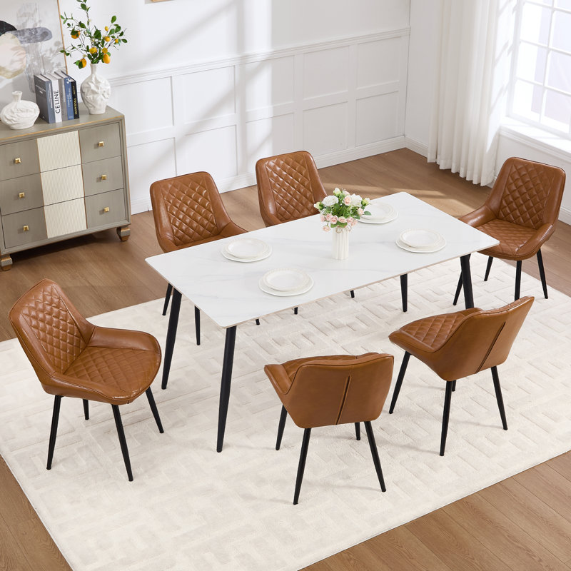 Faux Leather Upholstered Metal Dining Chair, Brown, 6