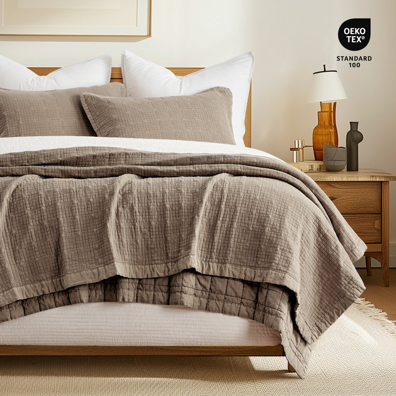 Stonewashed Crinkle Cotton Box Stitch Quilt Set, Mocha Brown, Queen Quilt + 2 Queen Shams