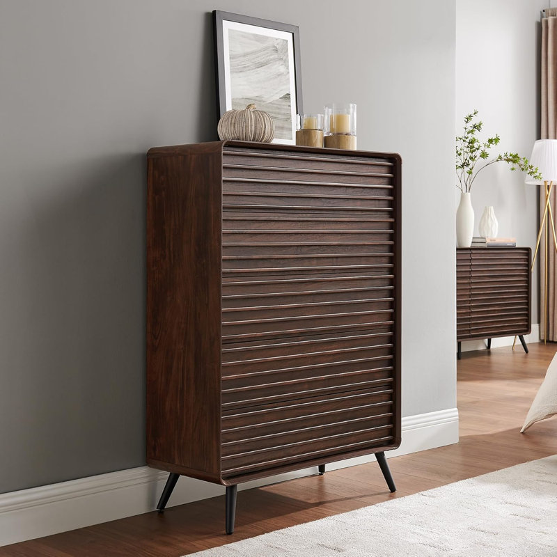 48" Tall 5-Drawer Vertical Dresser, Mid-Century Modern Fluted Panel Design, Wood Storage Cabinet for Bedroom, Living Room, Space-Saving Organization