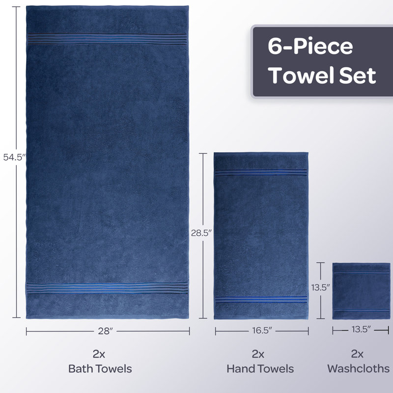 Lavish Home 6 Piece Bathroom Towels Set - 625GSM 100% Cotton Bathroom Essentials with 2 Absorbent Wash Cloths, 2 Hand Cloths, and 2 Bath Towel for Shower, Gym, Dorm and Spa (Navy)
