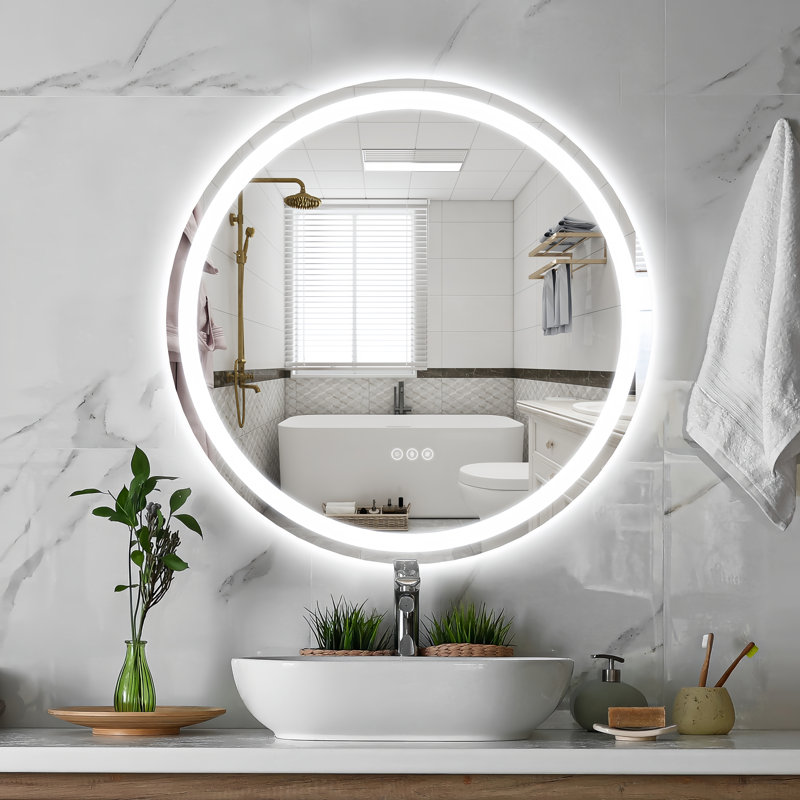 Miroir de salle de bain moderne rond sans cadre, en verre trempé, antibuée et à intensité variable, certifié ETL et doté d'une LED.
