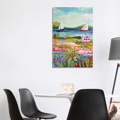 Two Sailboats And Cottage I by Karen Fields - Wrapped Canvas Painting
