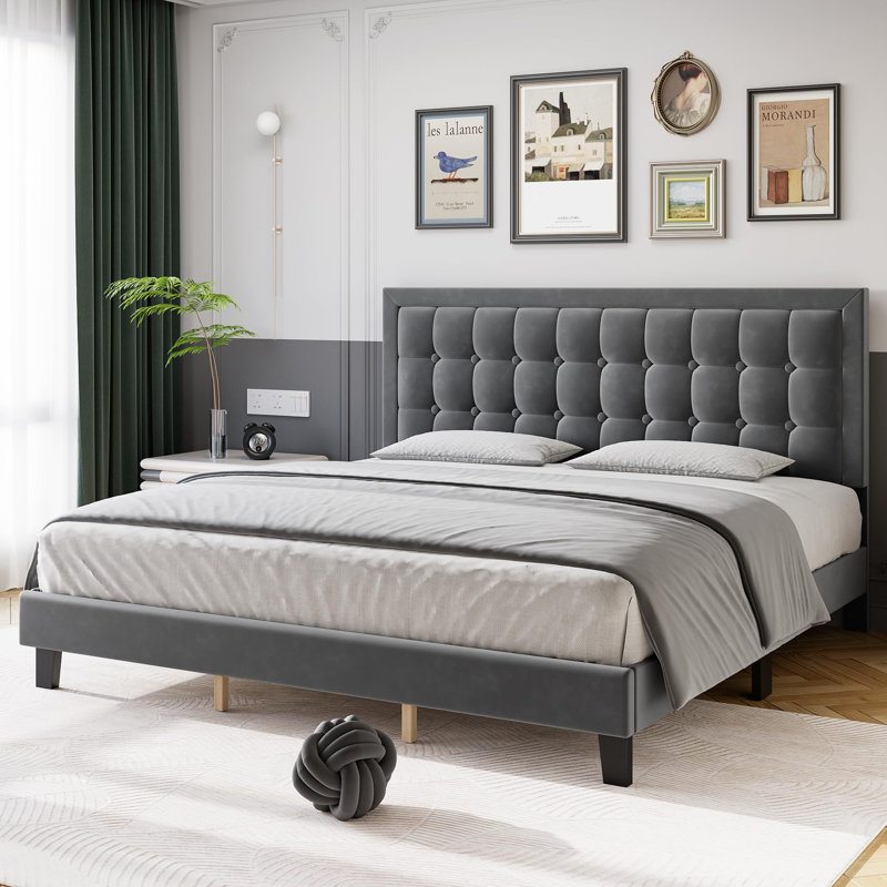 Très grand lit plateforme avec tête de lit et pied de lit, sommier, Gris