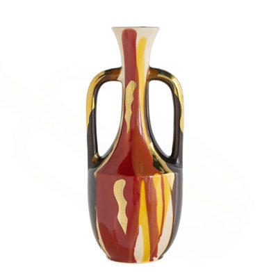 Vase en céramique 6,8 po x 6,8 po x 16,9 po avec poignées et finition abstraite multicolore