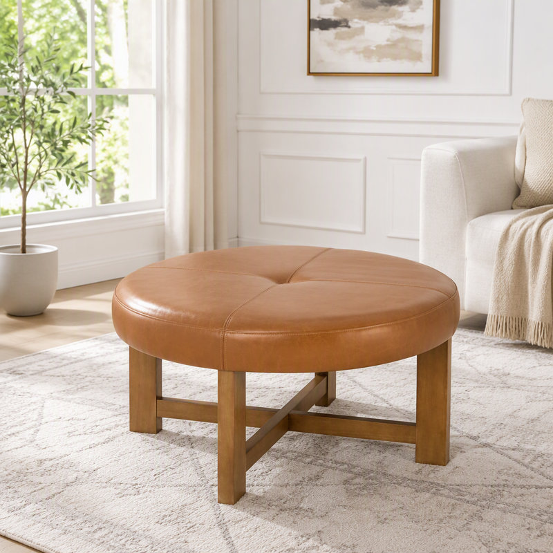 Repose-pieds rond en similicuir capitonné avec base en bois massif, Brun clair, noyer
