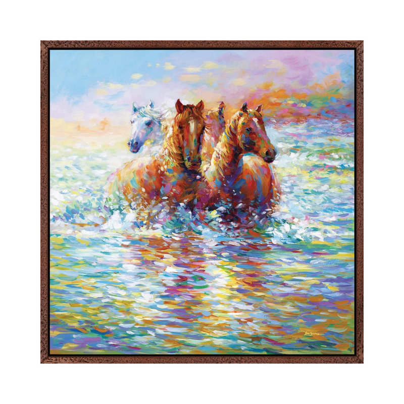 Horses Crossing The River - Print on Canvas, 93.98 cm H x 93.98 cm W, Classic Brown Wood Framed