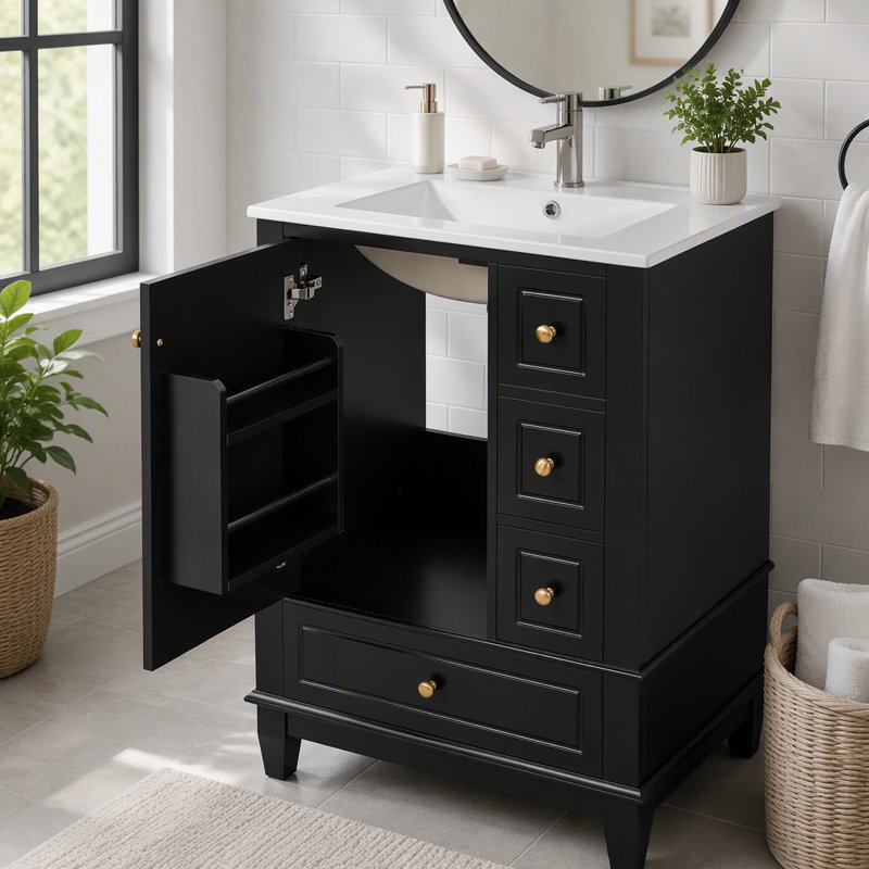 Meuble-lavabo 24 po avec lavabo et rangement intelligent, Noir, 24