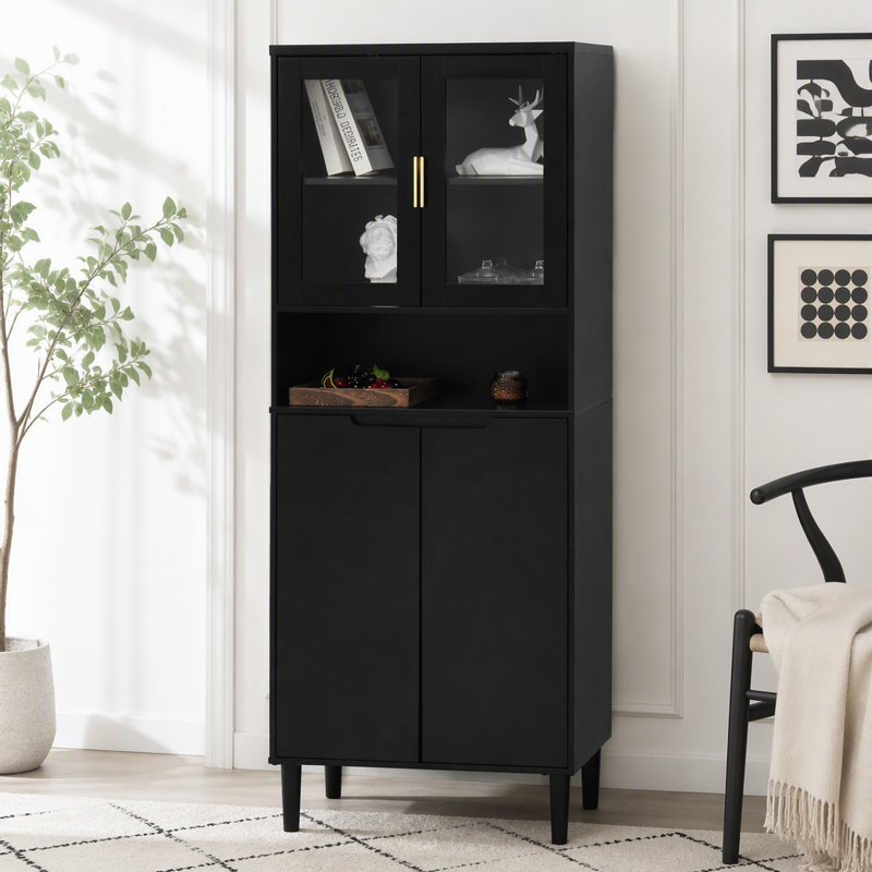 Bibliothèque haute avec portes en verre trempé et tablettes réglables, Noir