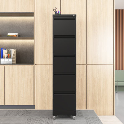 5 Drawer Vertical File Cabinet With Wheels And Lock For Office, High - Capacity Storage, Adjustable Rods A4/Letter/Legal Folders, Quiet Bearing Slides, Easy Mobility Stability Black On Wheels,