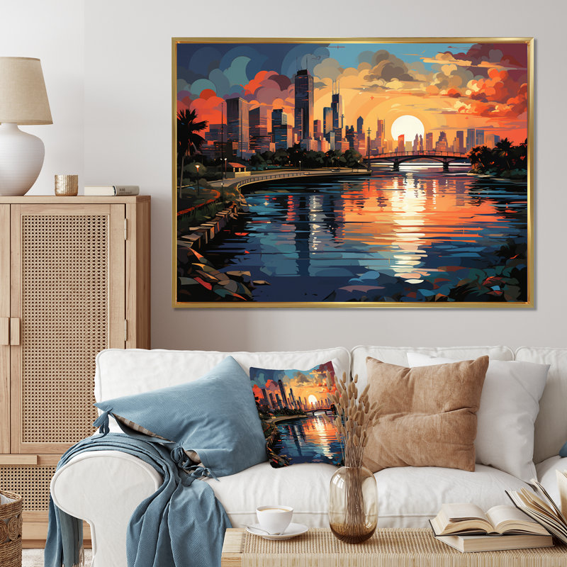 City Miami Popart III sur toile, H 12 po x l 20 po x P 1 po, Cadre flottant doré