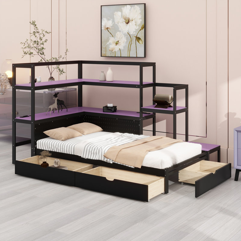 Modern Gaming Daybed with Integrated LED Lighting, Built-in Charging Station & Storage Drawers, Black+Purple