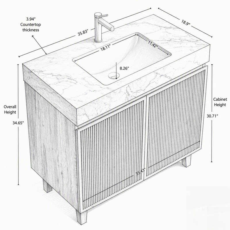 Meuble-lavabo avec lavabo en céramique et comptoir en pierre frittée veinée, sur pied, 1, 36", Beige et or