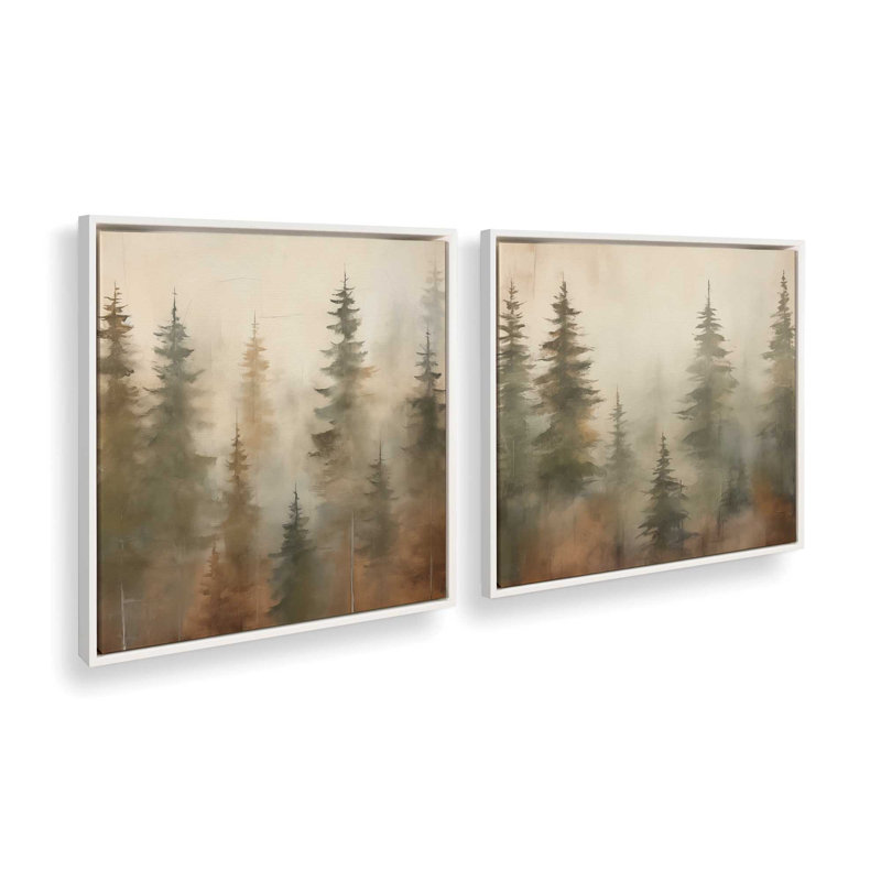 «Foggy Warm Forest», ensemble de 2, reproduction sur toile, Cadre blanc, H 16,75 po x l 16,75 po x P 1,75 po