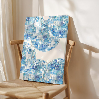 Art mural sur toile, boules disco bleues avec étoiles scintillantes, style peinture à l'aquarelle. Décoration murale, œuvre d'art encadrée, prête à accrocher, disponible en 16 x 24, 20 x 30, 24 x 36 pouces
