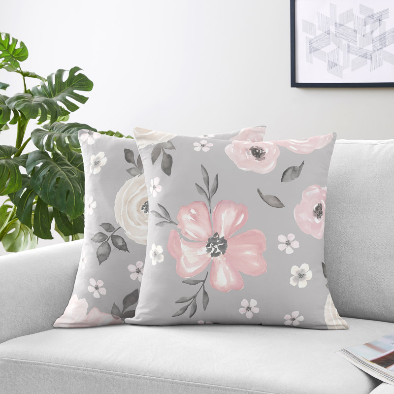 Grey and Pink Watercolor Floral Kids' Throw Pillows Set