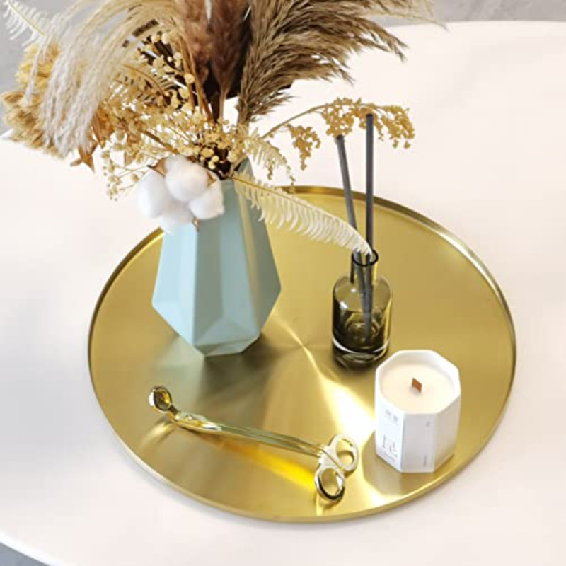 Gold Serving Tray, Decorative Platters And Trays For Perfume Jewelry Comestics Food Coffee Tea Candle, Bath Vanity Counter Bathroom Table (Light Gold, 14 Inch)