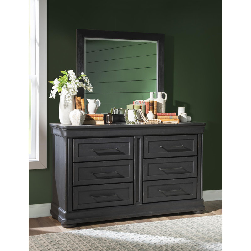 Commode de style champêtre vintage avec 6 tiroirs, plateau à bijoux, prises de courant et ports USB, Noir