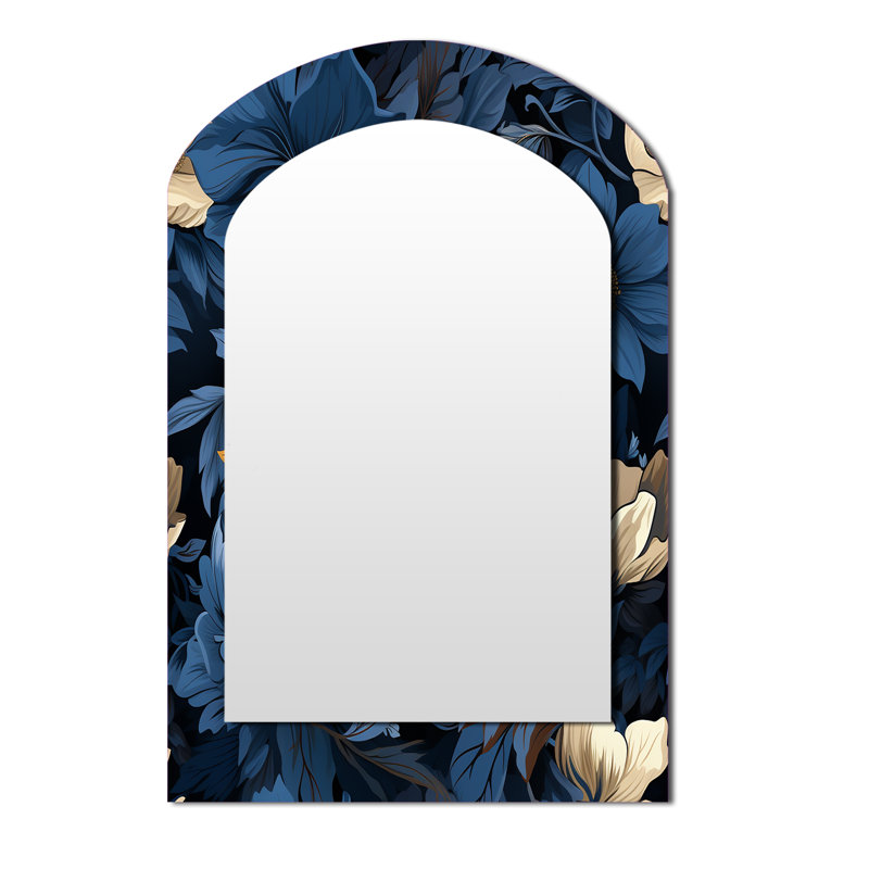 Olavo Nightfall Dark Blue And White  Floral Pattern - Floral Asymmetrical Wall Mirror, Blue Arch Decorative Mirror, Printed Metal Art