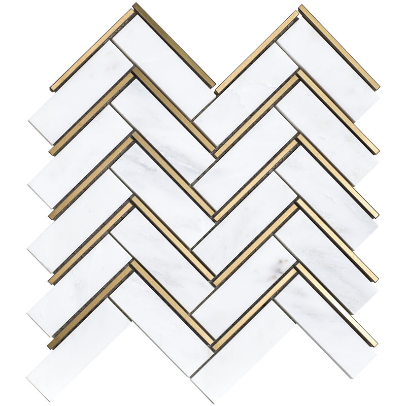 Natural Bianco 1" x 3" Marble Chevron Mosaic Wall Tile, White/Gold