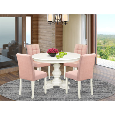 Ensemble de table de cuisine 5 pièces 4 chaises rembourrées rouges avec tissu en polyester et table ronde / ovale - Finition lin blanc