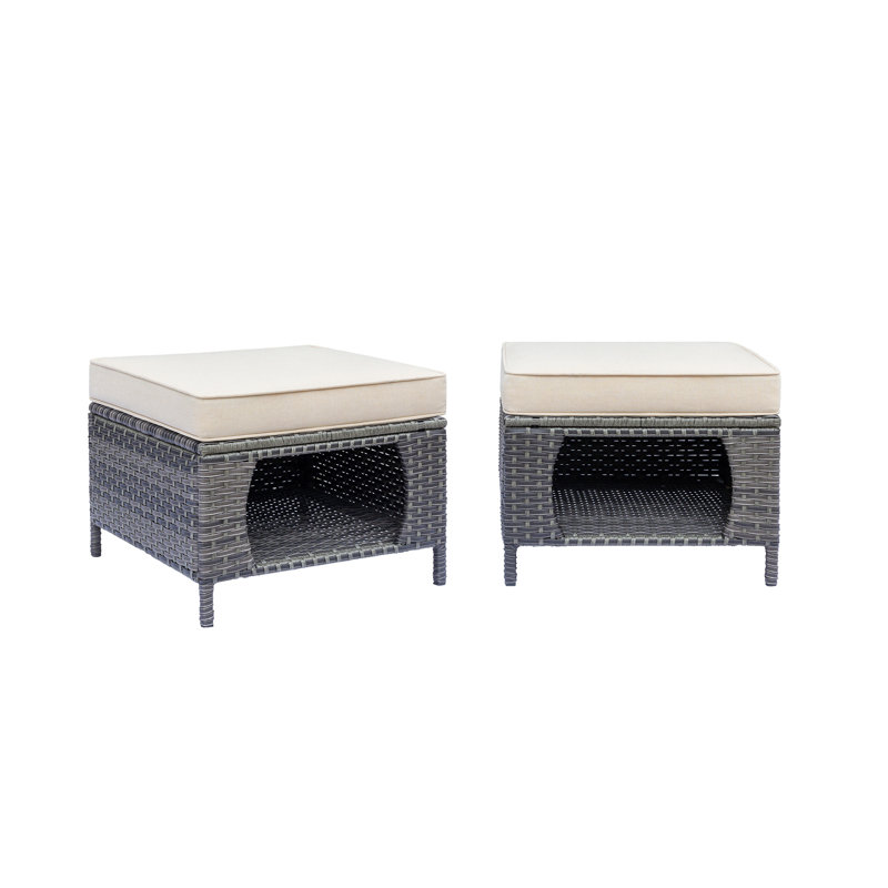 Repose-pieds d'extérieur en osier avec coussin Raghida, Beige, Gris