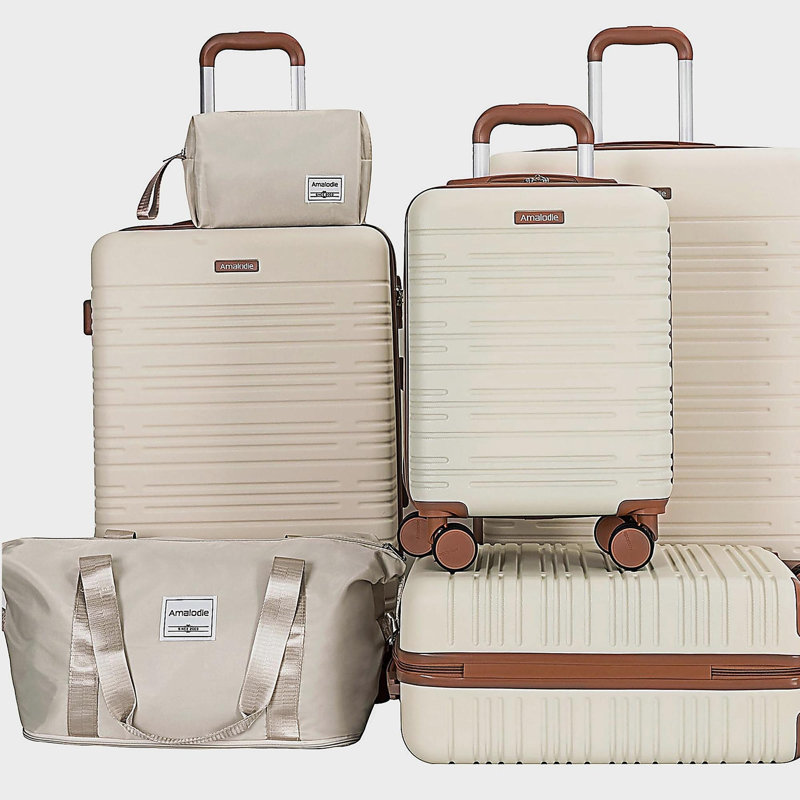 Ensemble de bagage 6 pièces, valise rigide de voyage en ABS avec serrure TSA, beige
