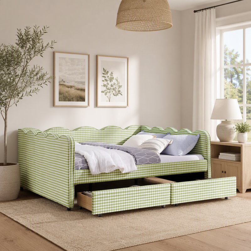 Lit de jour en vichy douillet avec deux tiroirs de rangement, port USB et conception adorable en forme de vague, tissu en lin