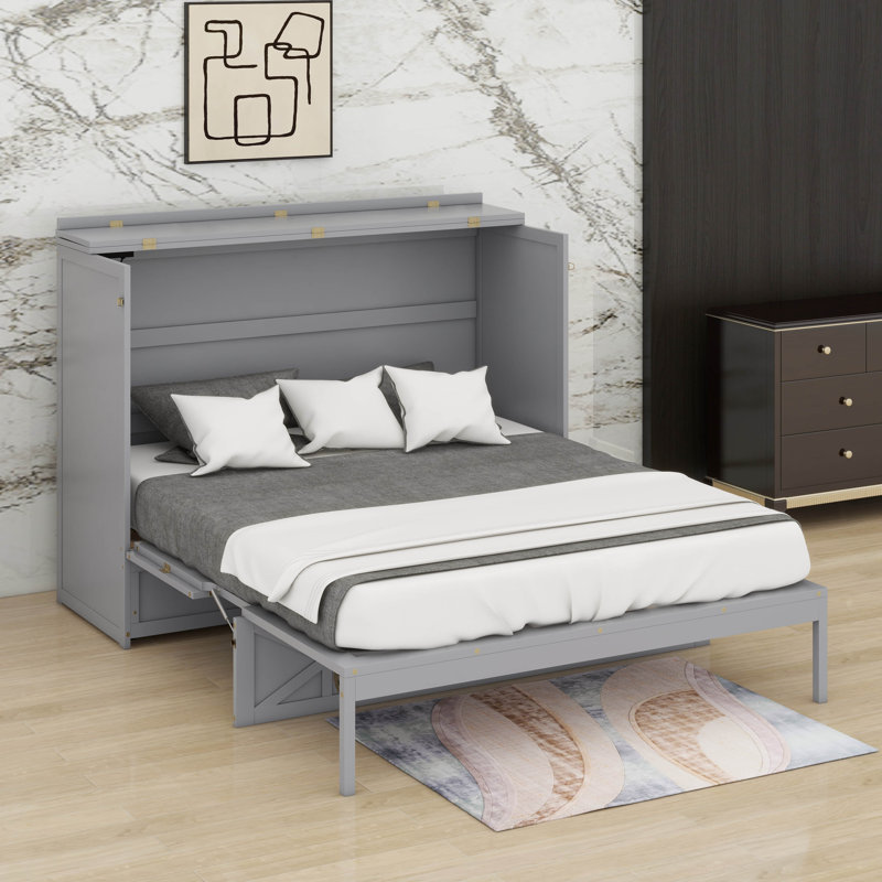 Grand lit escamotable avec tiroirs de rangement et station de charge USB, armoire murale avec prises, Gris brossé