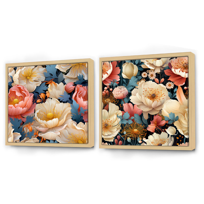 Chevery - Ensemble de 2 collages carrés floraux, Cadre flottant brun, H 36 po x l 73 po