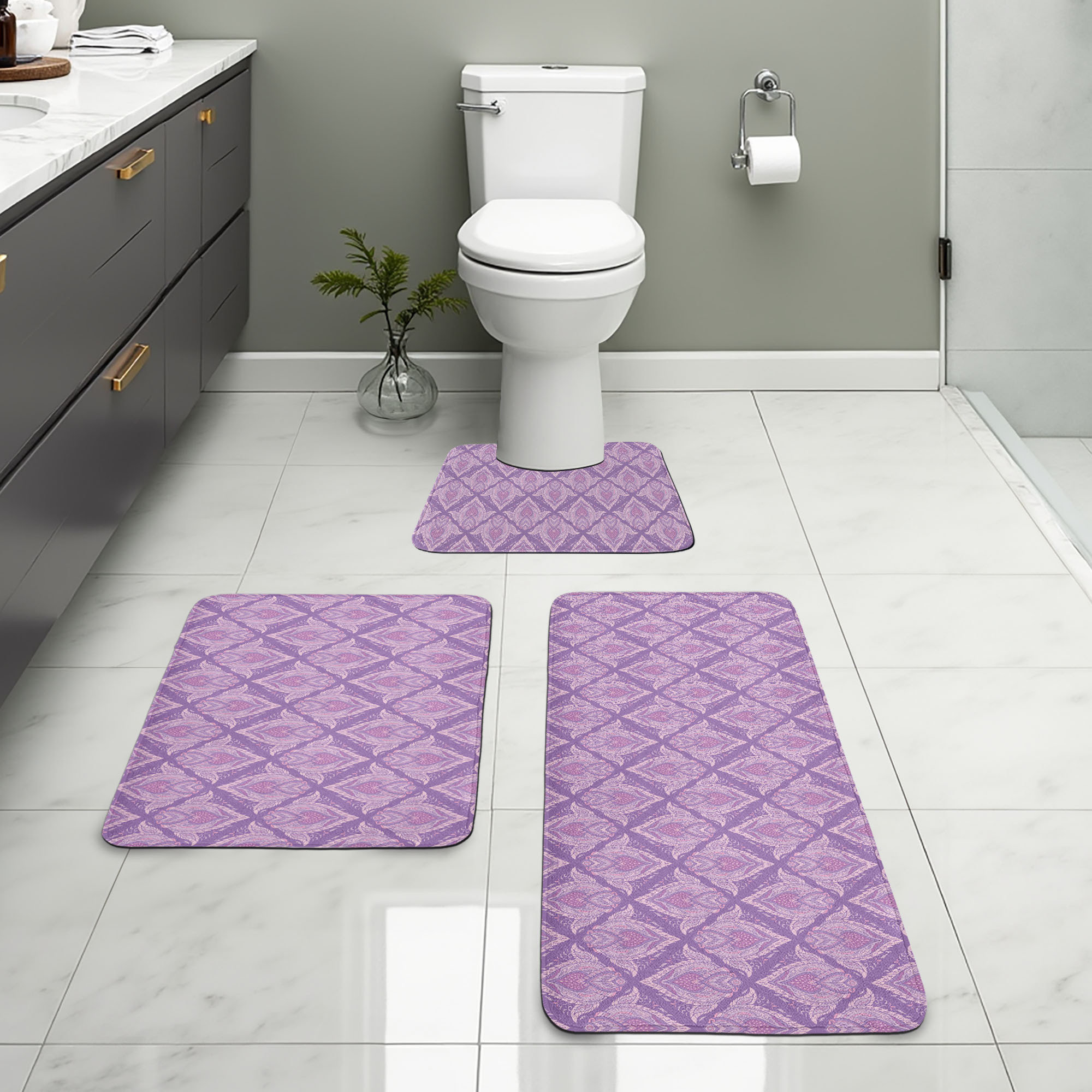 Ambesonne Oriental Bathroom Rug Set 3 Pieces U-Shape & Rectangle Mats ...