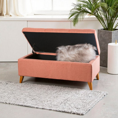Banc capitonné capitonné avec rangement à boutons Ainsley - Banc élégant en tissu orange avec rangement surélevé et pieds en bois de bouleau massif