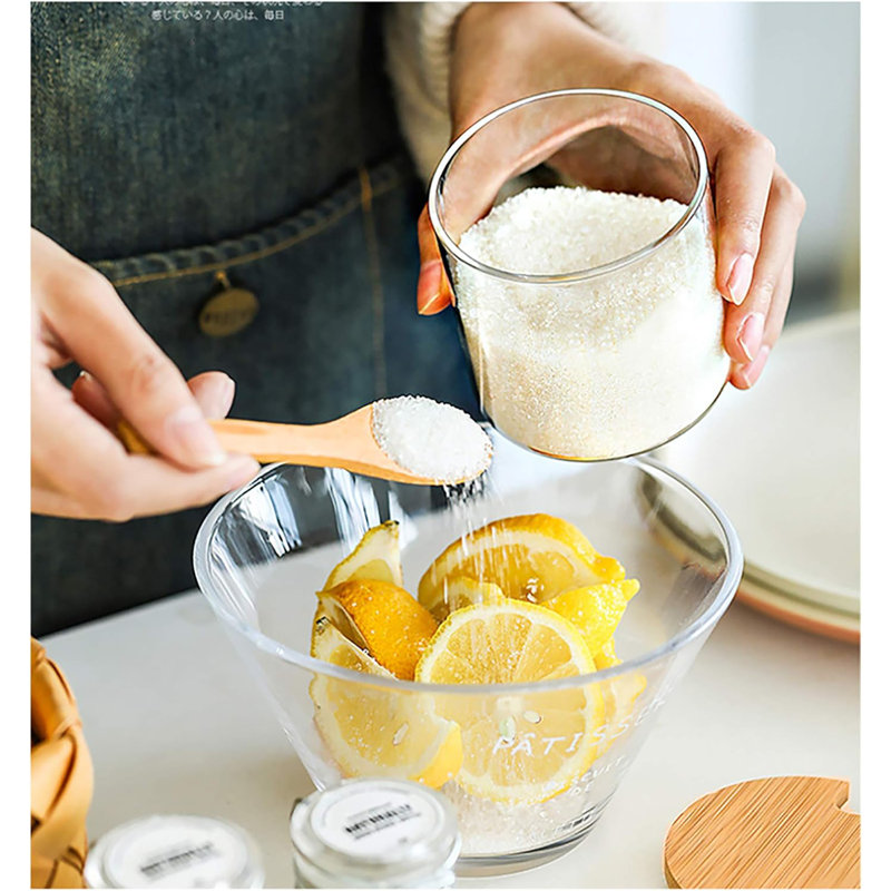 3 PCS Stylish Simple Condiment Canisters Pots Set, Decorative Storage Seasoning Glass Container Box With Bamboo Spoon Lid And Base For Home Kitchen Café Storing Salt Sugar Pepper Spice