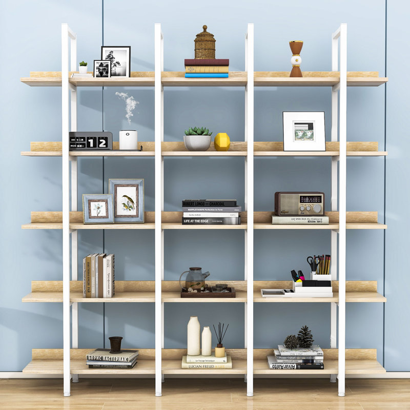 Nakaia 5-Tier Vintage Industrial Style Bookshelf, Open Home Office Bookcase, 70.9" H x 70.9" W x 10.3D, Oak/White