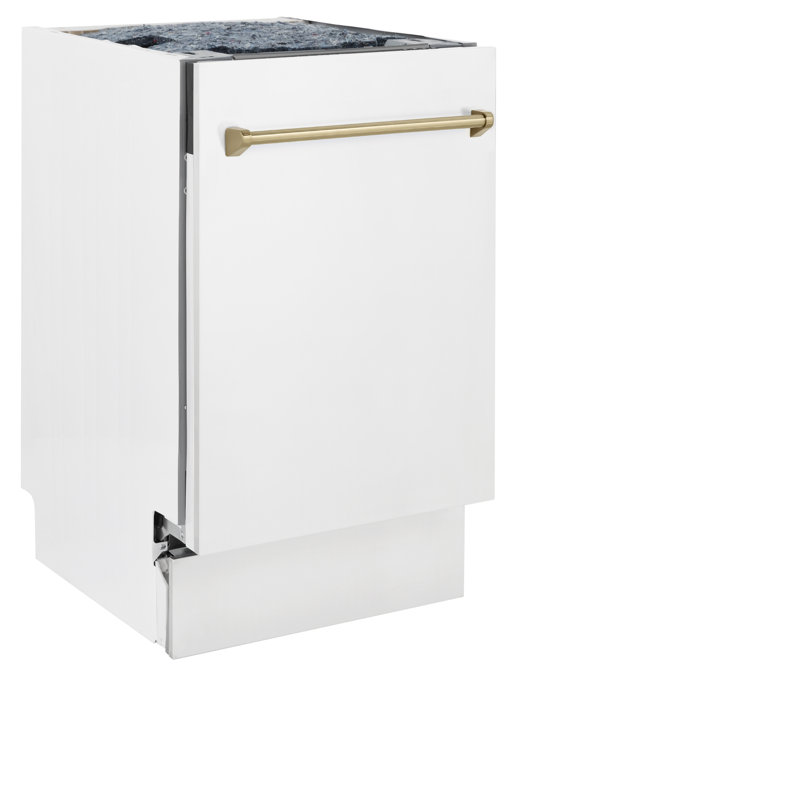 ZLINE Autograph Edition 18 in. Tallac Series Dishwasher in White Matte W/ Champagne Bronze Handle, 51dBa (DWVZ-WM-18-CB)
