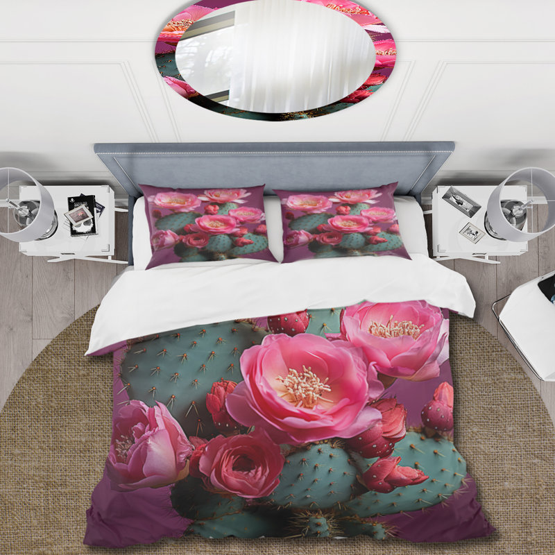 Ensemble de housse de couette en microfibre / polyester rose / vert / cactus désert Bloom Prickly I