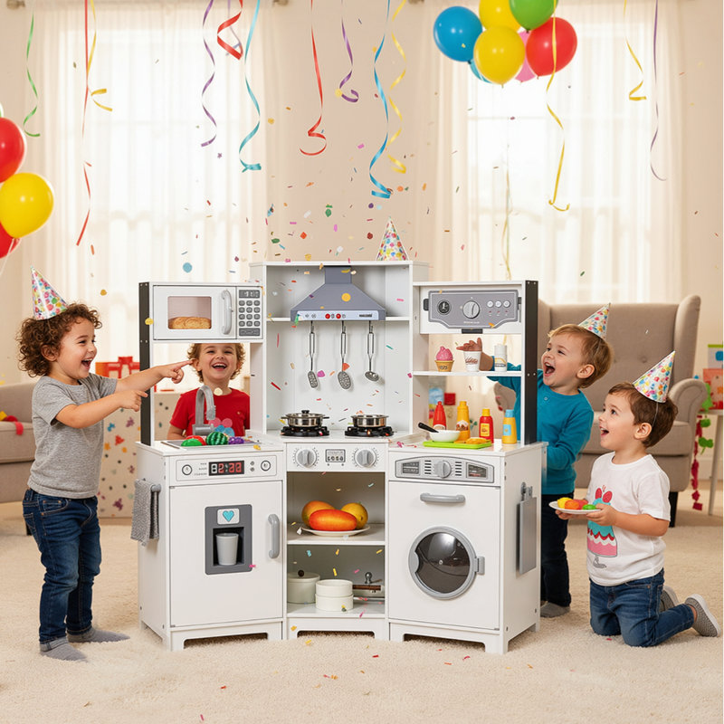 Multi-Function Kids Kitchen, Wooden Pretend Playset with Washing Machine, Realistic Range Hood, Ice Maker & Ample Storage for Endless Role Play(white)