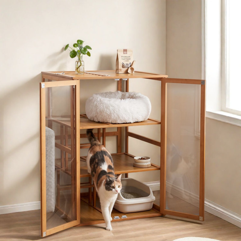 Modern Cat Cages & Playpens, Bamboo Multi-Level Home with Clear Panels