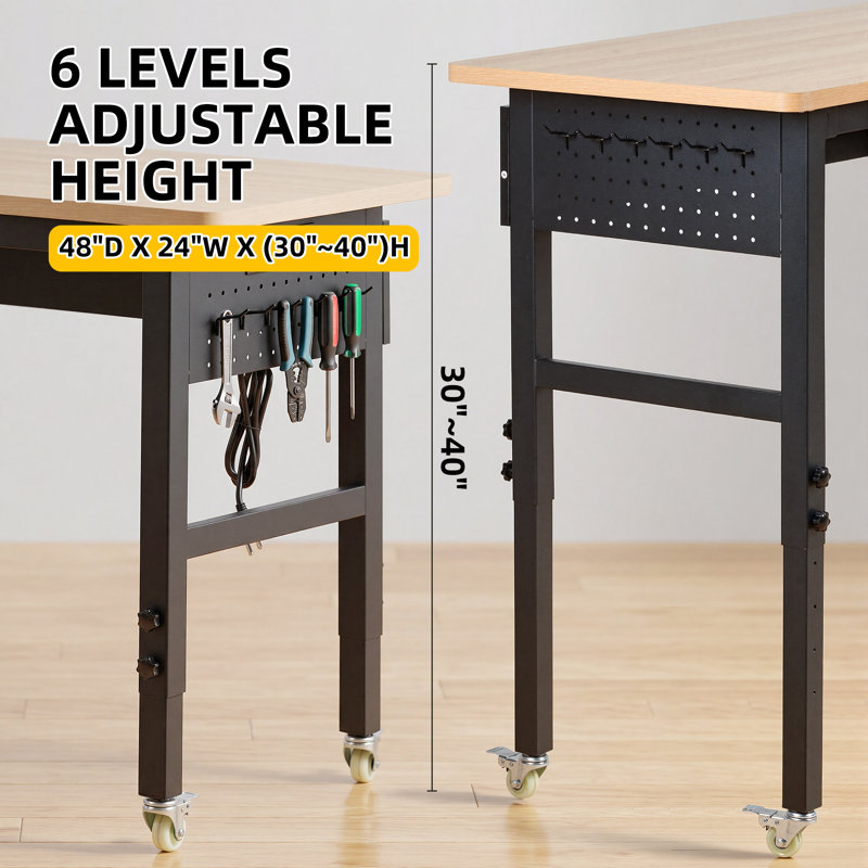 48" Garage Workbench with Wheels and Power Outlet, Adjustable Height Heavy Duty Workbench with Pegboard, 2000 LBS Capacity for Garage, Workshop, Office