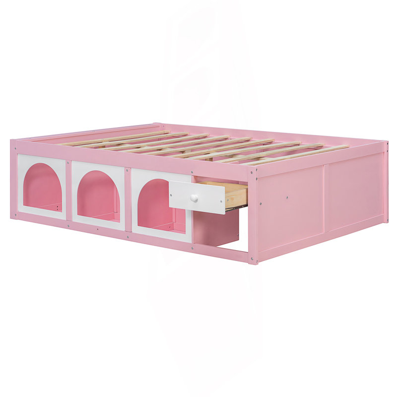 Lit plateforme double avec bibliothèque, vitrine, lumière DEL et tiroir, Double , Rose/Blanc